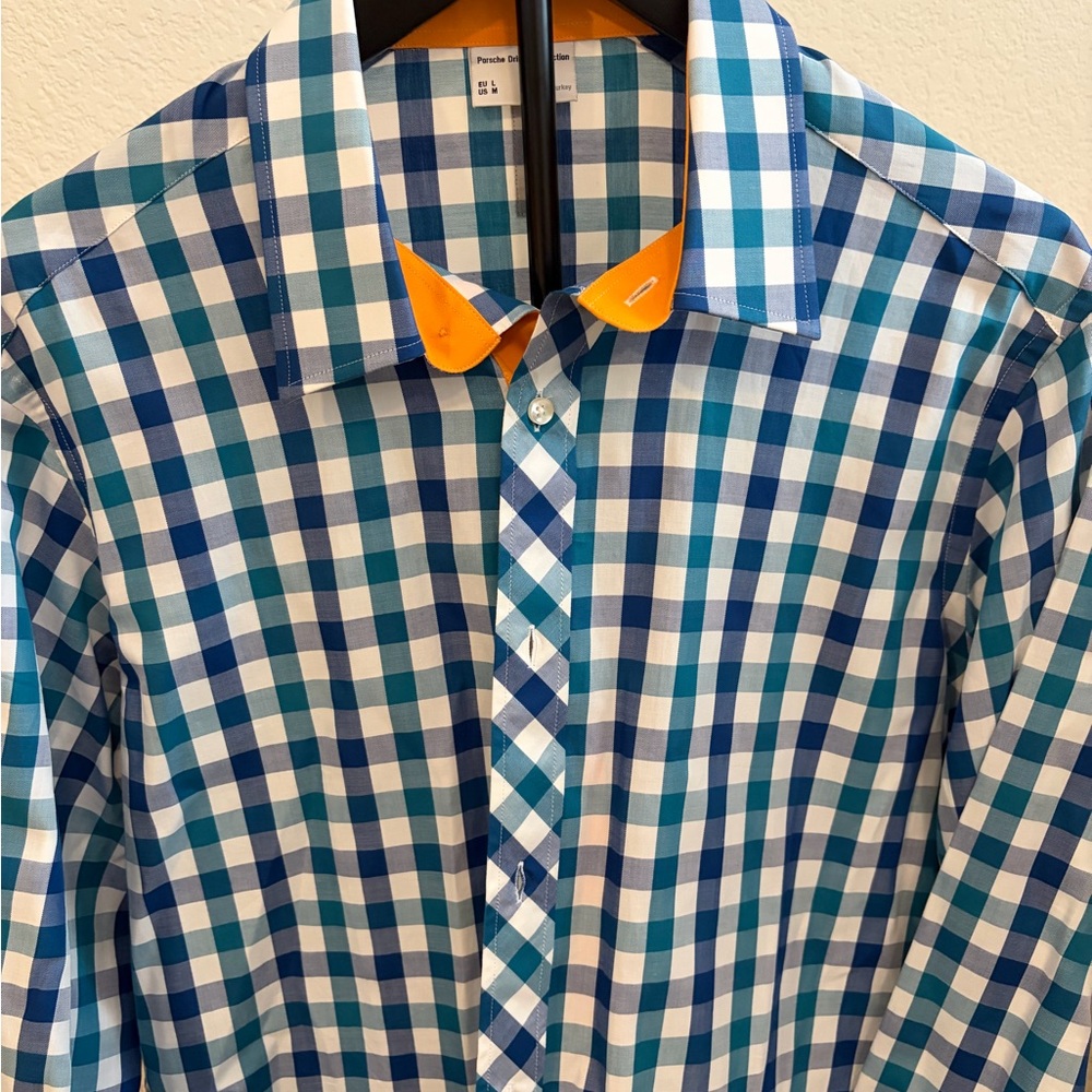 Porsche Design Blue and White Checkered Shirt with Orange Detail
